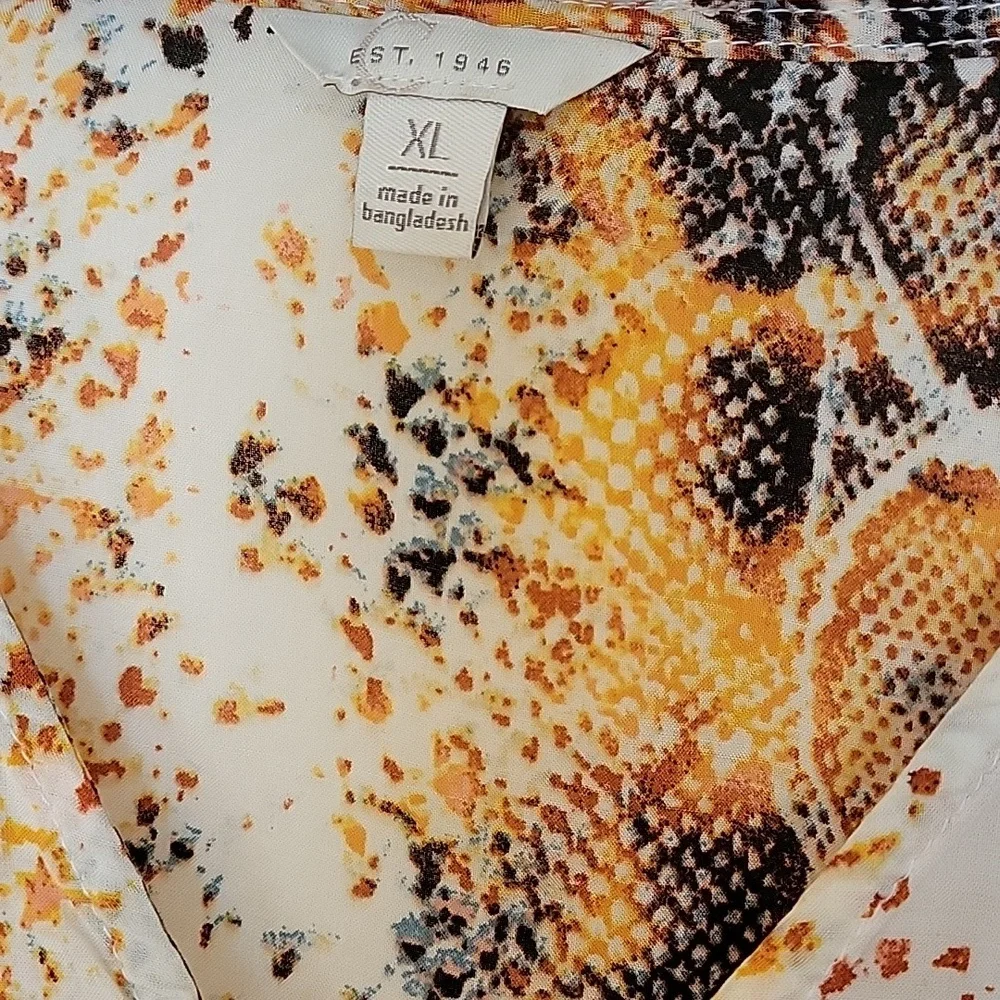 Cato Blouse XL Animal Print V-Neck Tie at Bottom Batwing Orange Brown Black